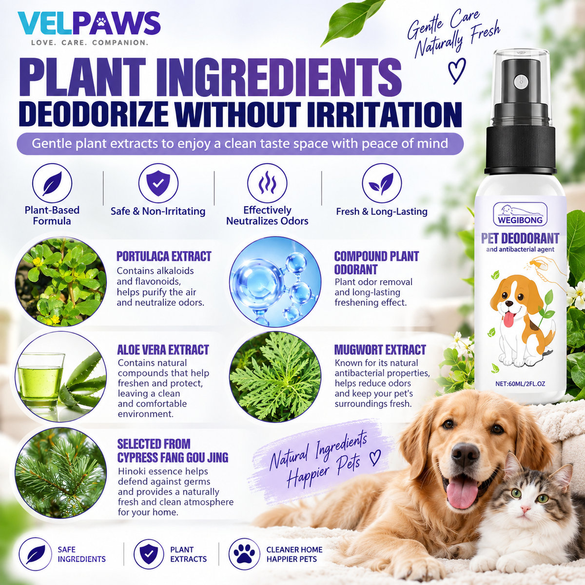 Natural Pet Deodorant Spray with Portulaca & Aloe Extract – Gentle Odor Eliminator for Dogs, 60ml