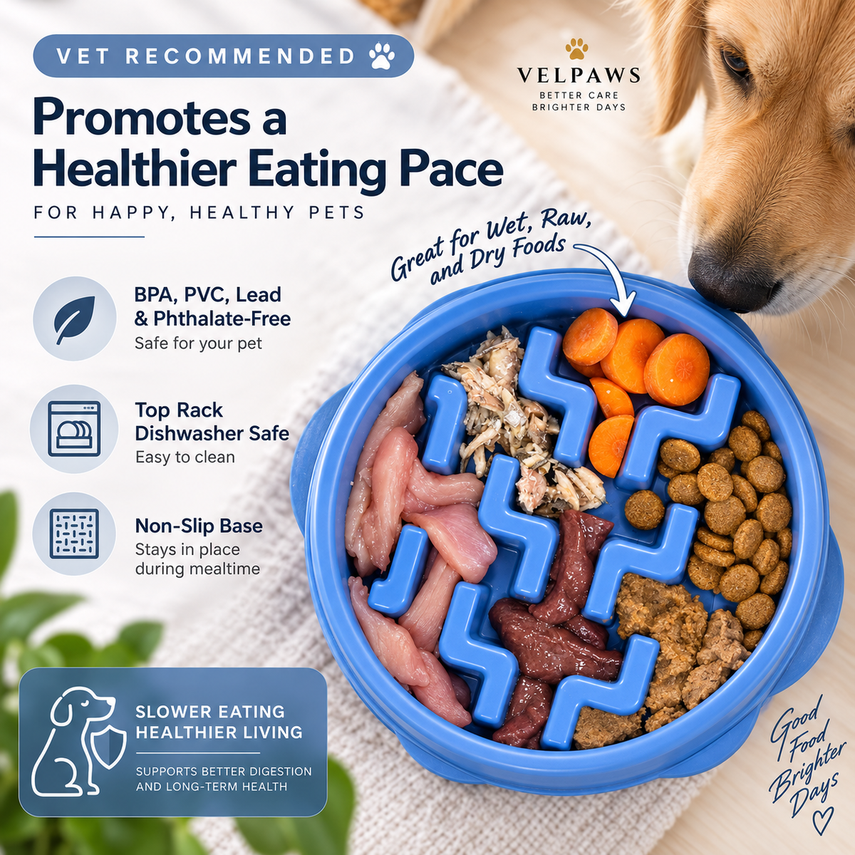 Slow Feeder Dog Bowl – 2 Cup Capacity, Non-Slip Puzzle Bowl for Small & Medium Dogs, Blue