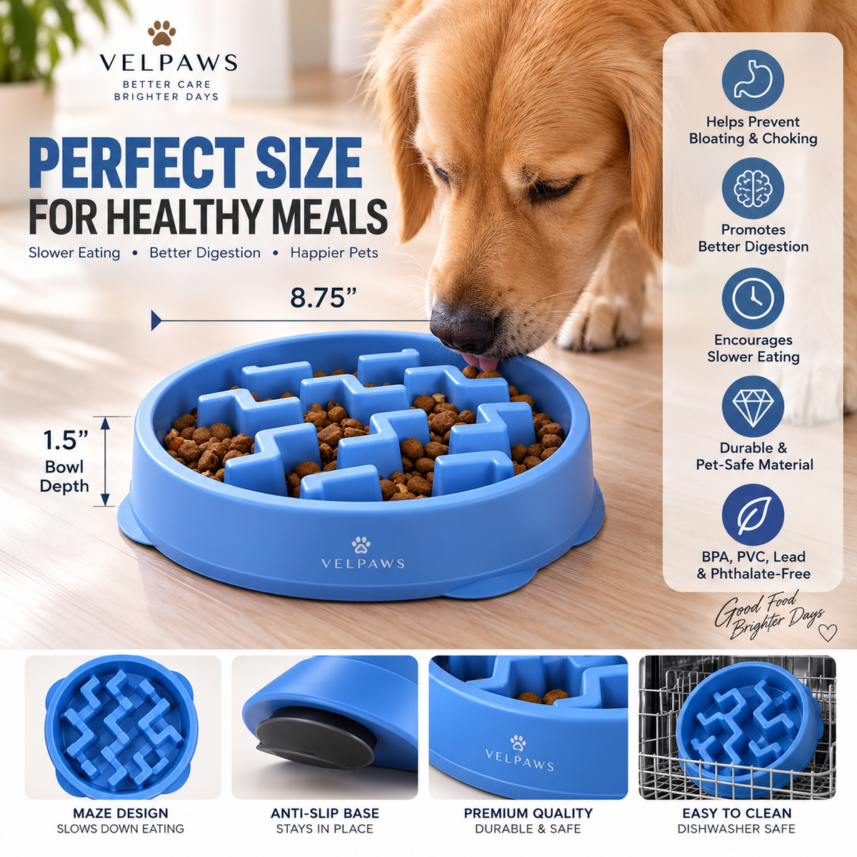 Slow Feeder Dog Bowl – 2 Cup Capacity, Non-Slip Puzzle Bowl for Small & Medium Dogs, Blue