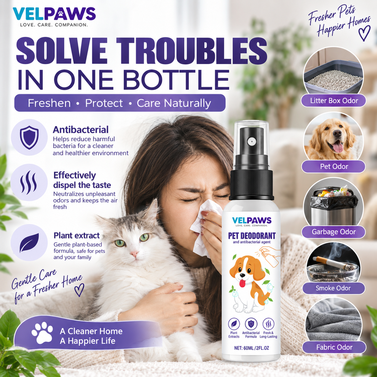 Natural Pet Deodorant Spray with Portulaca & Aloe Extract – Gentle Odor Eliminator for Dogs, 60ml