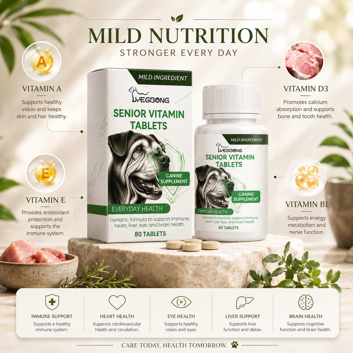 Senior Dog Multivitamin Chews – Daily Support for Immunity, Eyes, Skin & Bones, 80 Tablets