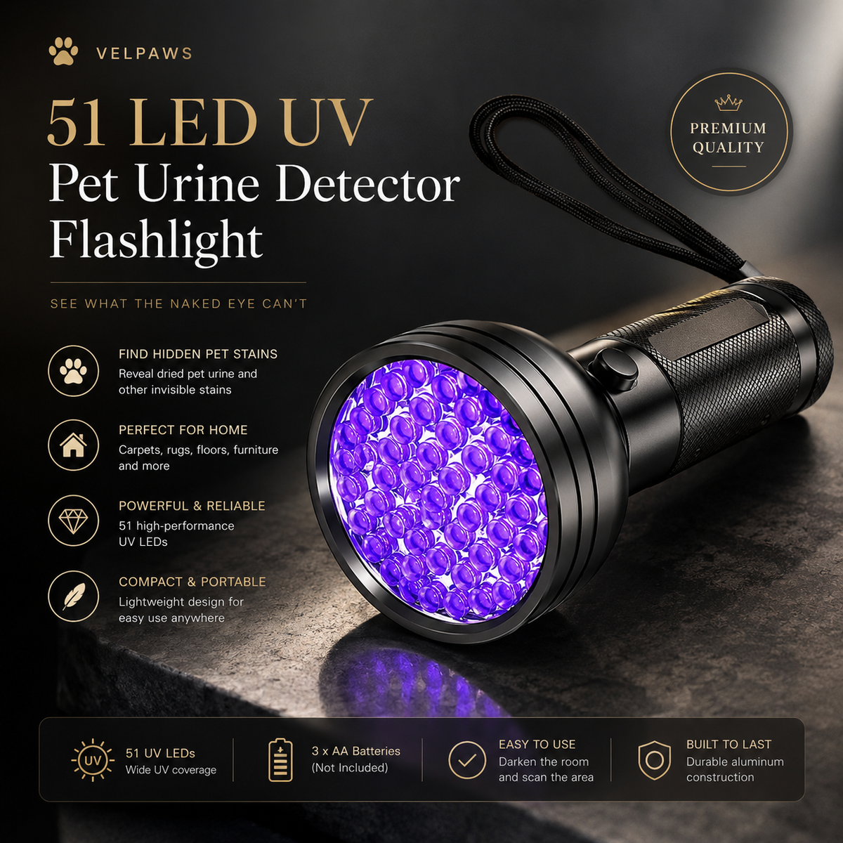 51 LED UV Pet Urine Detector Flashlight for Dogs & Cats – Blacklight Stain Finder