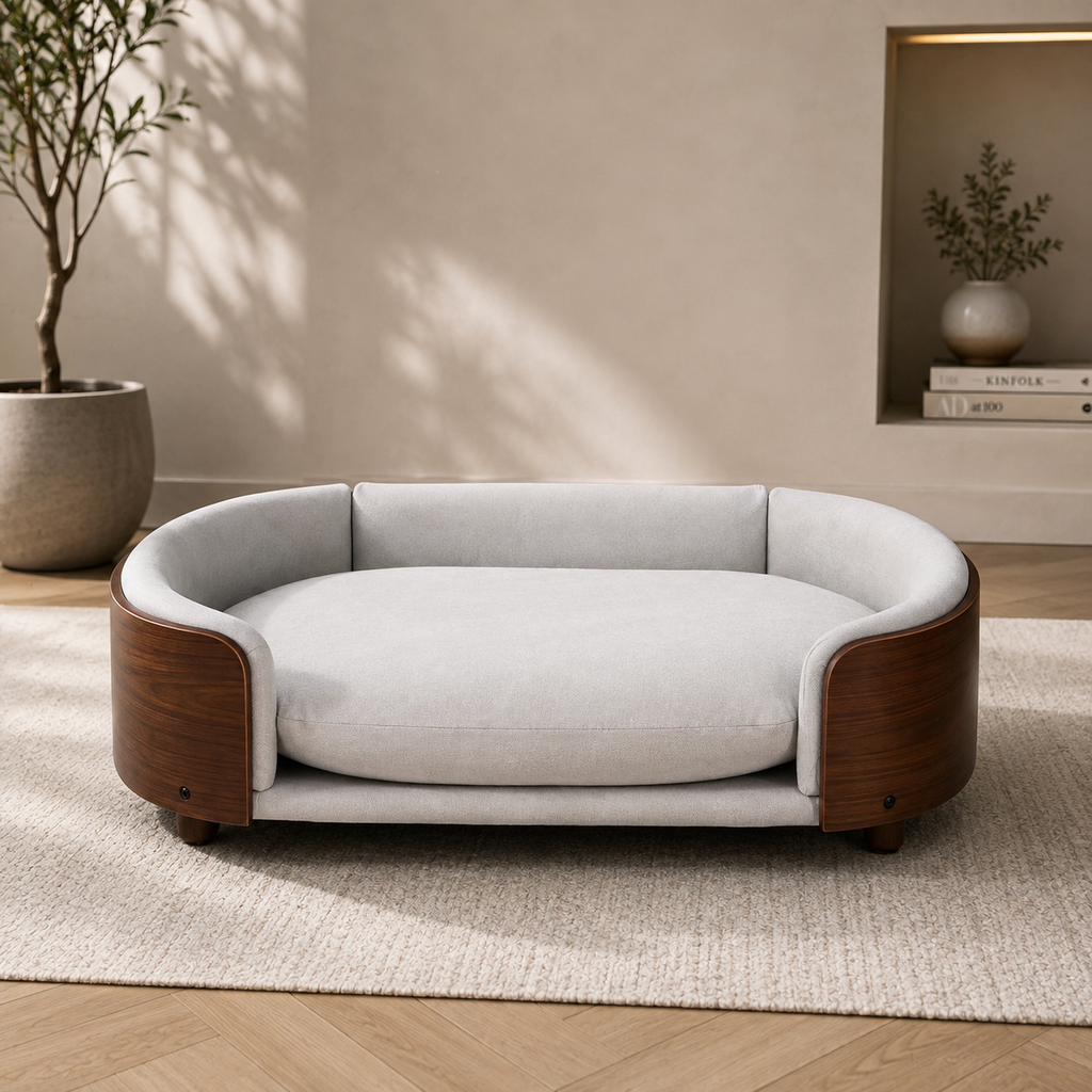 Luxury Elevated Dog Bed with Solid Wood Legs & Walnut Back – Scandinavian Pet Sofa, Light Gray