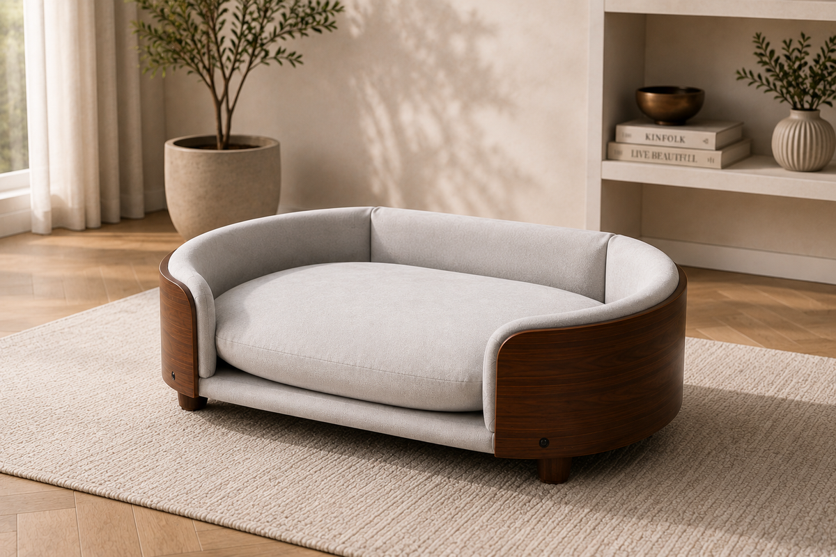 Luxury Elevated Dog Bed with Solid Wood Legs & Walnut Back – Scandinavian Pet Sofa, Light Gray