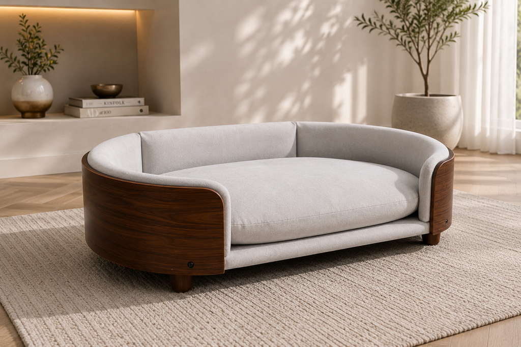 Luxury Elevated Dog Bed with Solid Wood Legs & Walnut Back – Scandinavian Pet Sofa, Light Gray