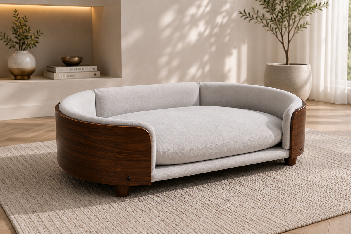 Luxury Elevated Dog Bed with Solid Wood Legs & Walnut Back – Scandinavian Pet Sofa, Light Gray