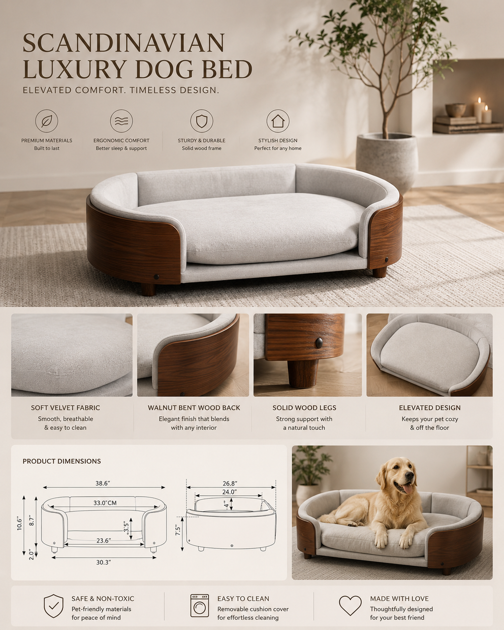 Luxury Elevated Dog Bed with Solid Wood Legs & Walnut Back – Scandinavian Pet Sofa, Light Gray
