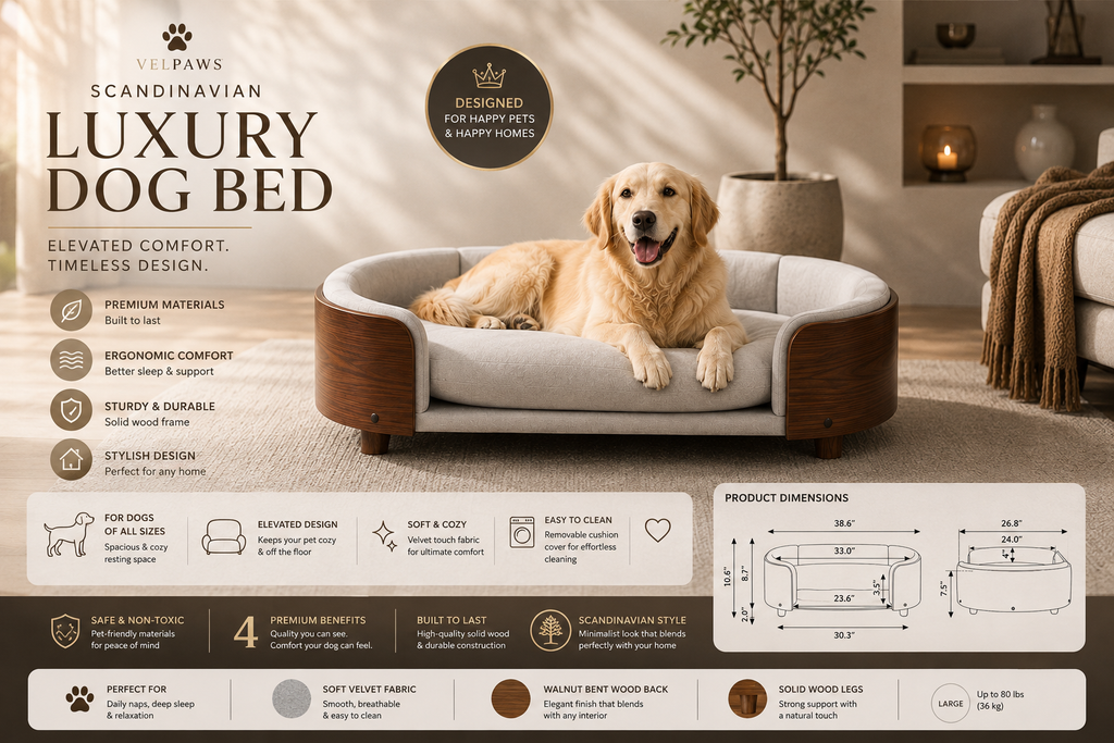 Luxury Elevated Dog Bed with Solid Wood Legs & Walnut Back – Scandinavian Pet Sofa, Light Gray