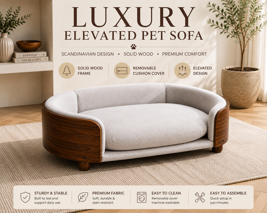 Luxury Elevated Dog Bed with Solid Wood Legs & Walnut Back – Scandinavian Pet Sofa, Light Gray