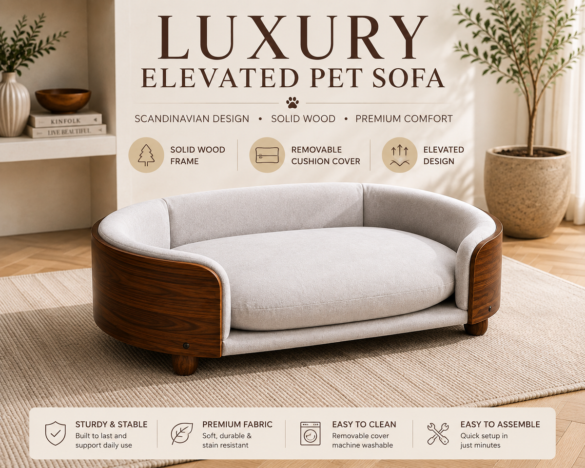 Luxury Elevated Dog Bed with Solid Wood Legs & Walnut Back – Scandinavian Pet Sofa, Light Gray
