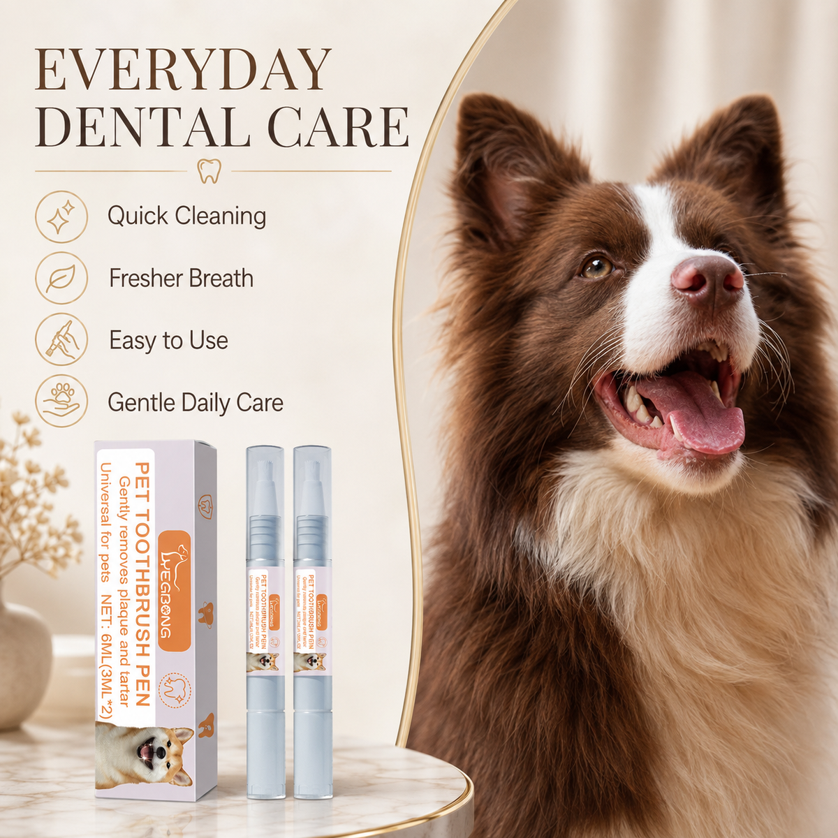Pet Dental Toothbrush Pen for Dogs & Cats, Gentle Plaque & Tartar Cleaning, Mint Breath Freshener, 2 × 3ml