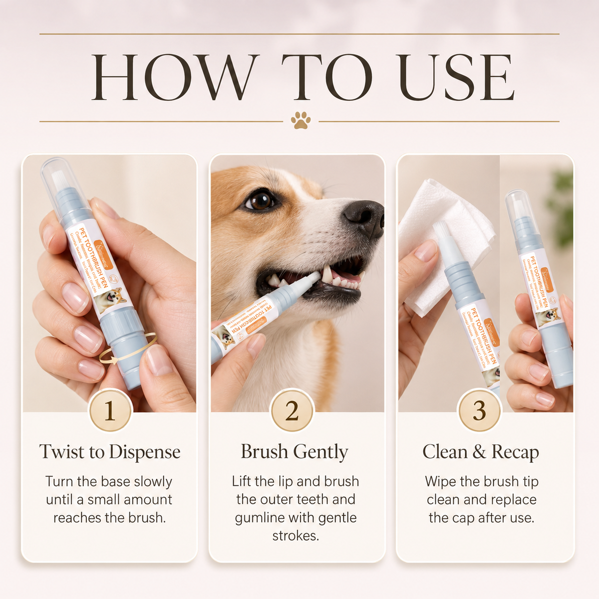 Pet Dental Toothbrush Pen for Dogs & Cats, Gentle Plaque & Tartar Cleaning, Mint Breath Freshener, 2 × 3ml