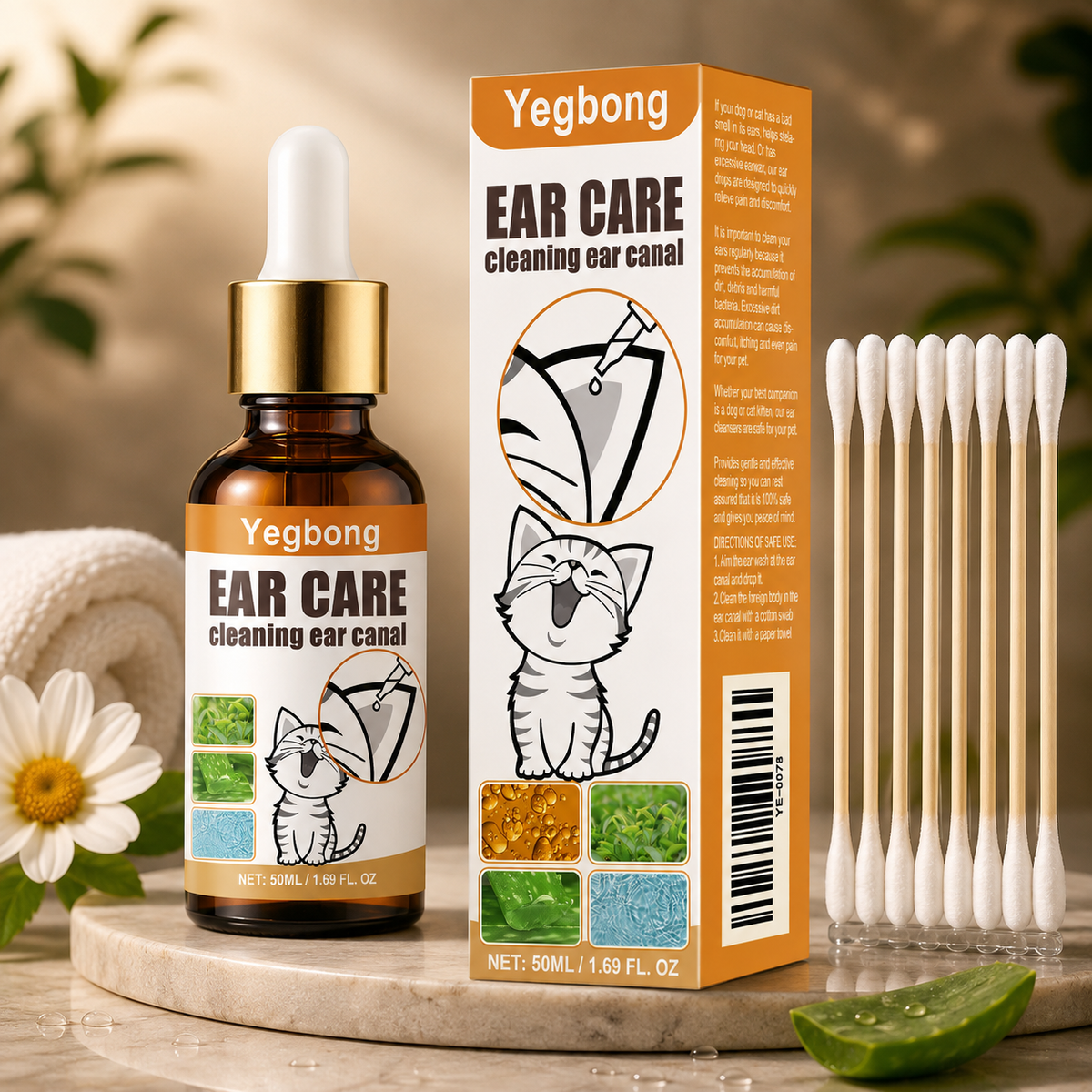 Pet Ear Cleaner Drops, Dog & Cat Ear Care Solution With Aloe, Glycerin & Tea Tree Oil, Gentle Ear Cleanser For Removing Dirt, Odor & Mites, 50ml