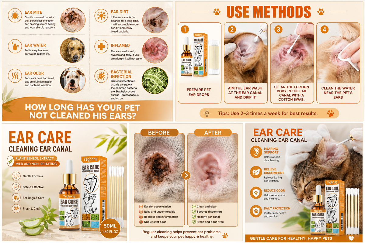 Pet Ear Cleaner Drops, Dog & Cat Ear Care Solution With Aloe, Glycerin & Tea Tree Oil, Gentle Ear Cleanser For Removing Dirt, Odor & Mites, 50ml