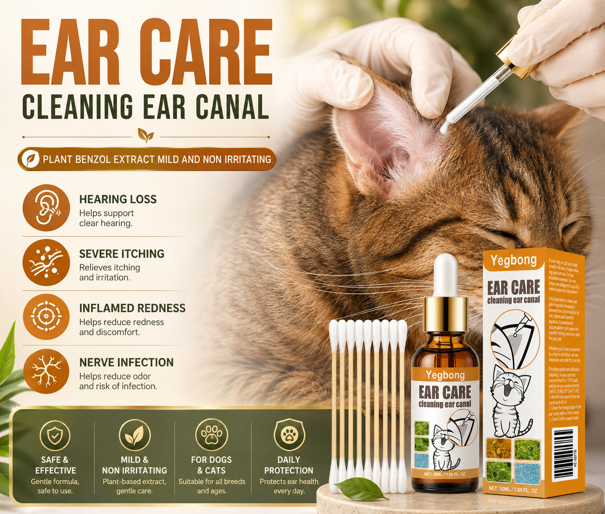 Pet Ear Cleaner Drops, Dog & Cat Ear Care Solution With Aloe, Glycerin & Tea Tree Oil, Gentle Ear Cleanser For Removing Dirt, Odor & Mites, 50ml