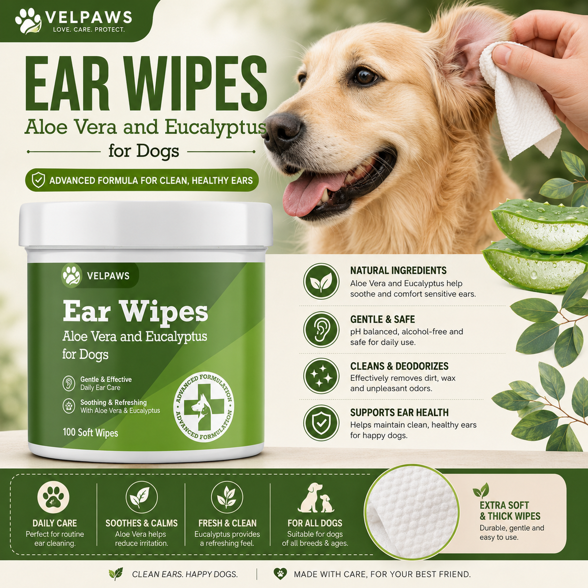 Dog Ear Wipes with Aloe Vera & Eucalyptus – Gentle Ear Cleaning Wipes for Dogs, Removes Wax, Dirt & Odor, 100 Soft Wipes