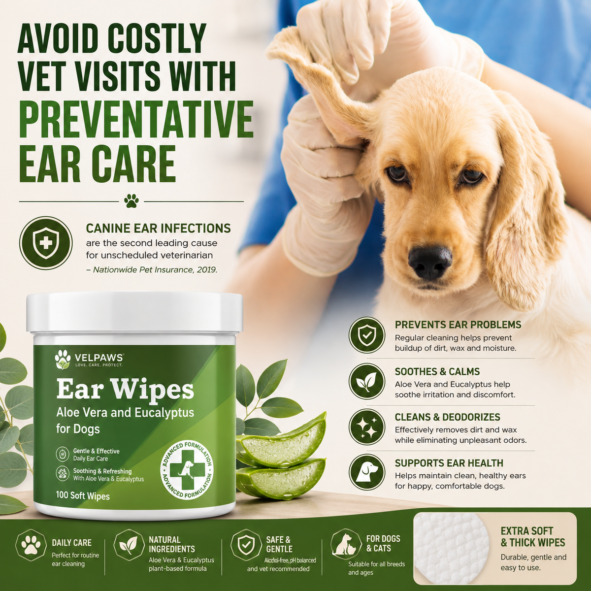 Dog Ear Wipes with Aloe Vera & Eucalyptus – Gentle Ear Cleaning Wipes for Dogs, Removes Wax, Dirt & Odor, 100 Soft Wipes
