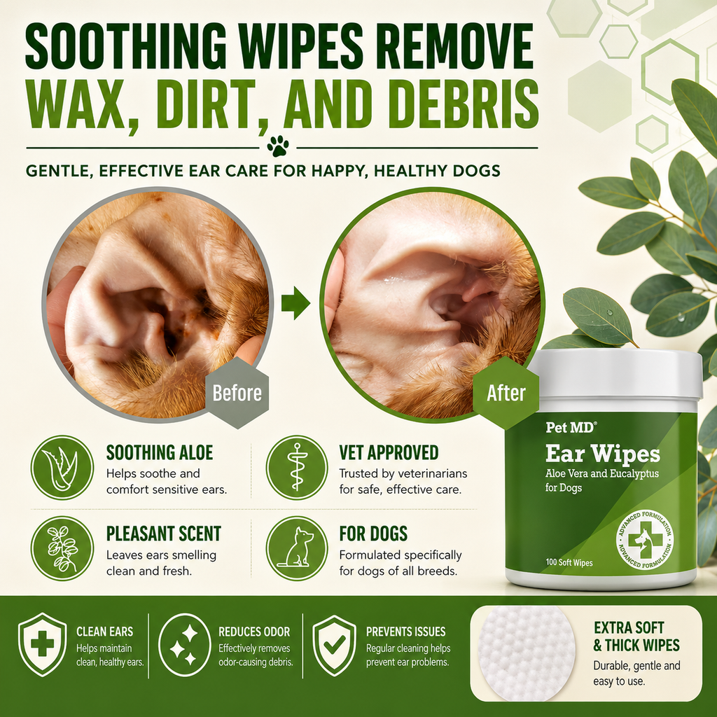 Dog Ear Wipes with Aloe Vera & Eucalyptus – Gentle Ear Cleaning Wipes for Dogs, Removes Wax, Dirt & Odor, 100 Soft Wipes