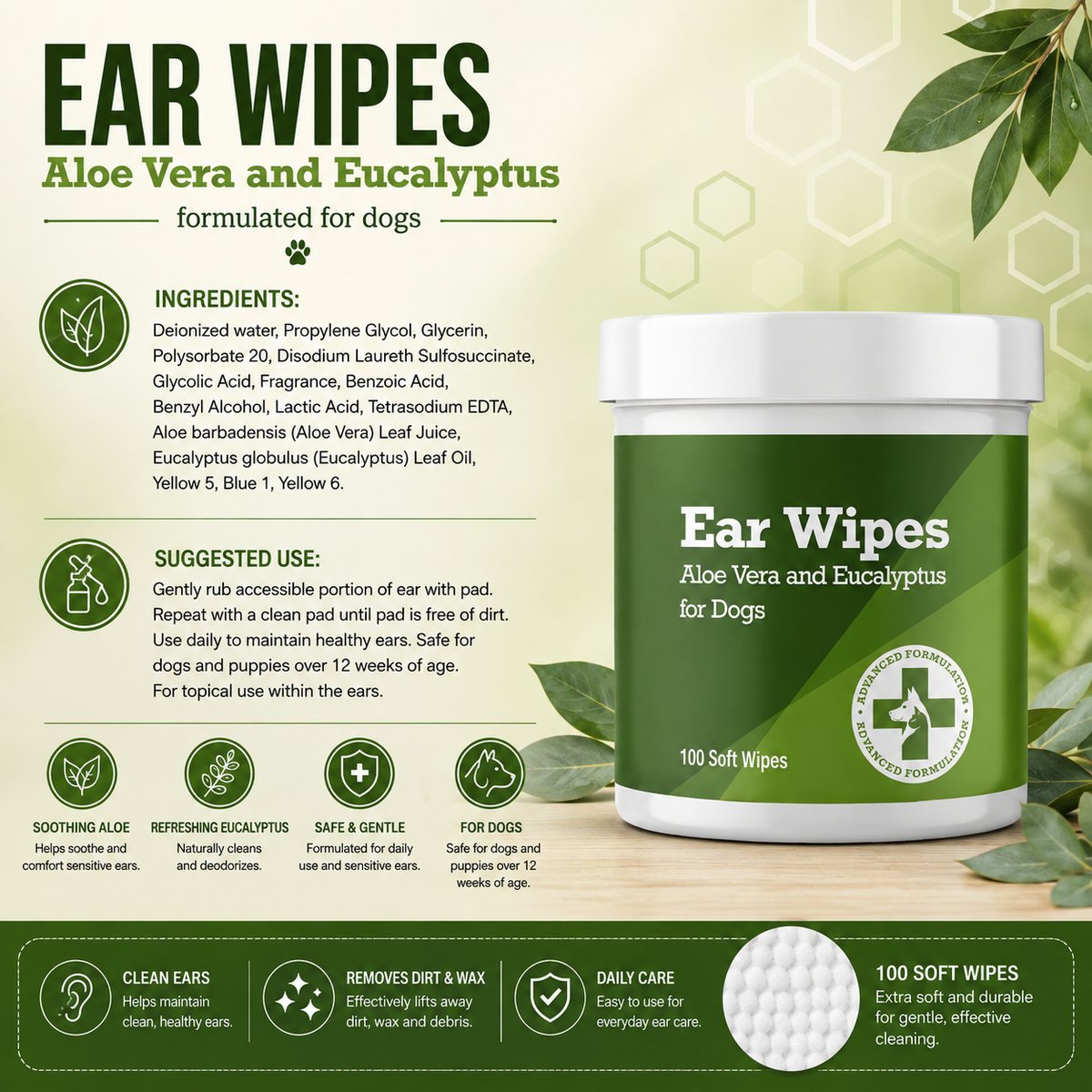 Dog Ear Wipes with Aloe Vera & Eucalyptus – Gentle Ear Cleaning Wipes for Dogs, Removes Wax, Dirt & Odor, 100 Soft Wipes