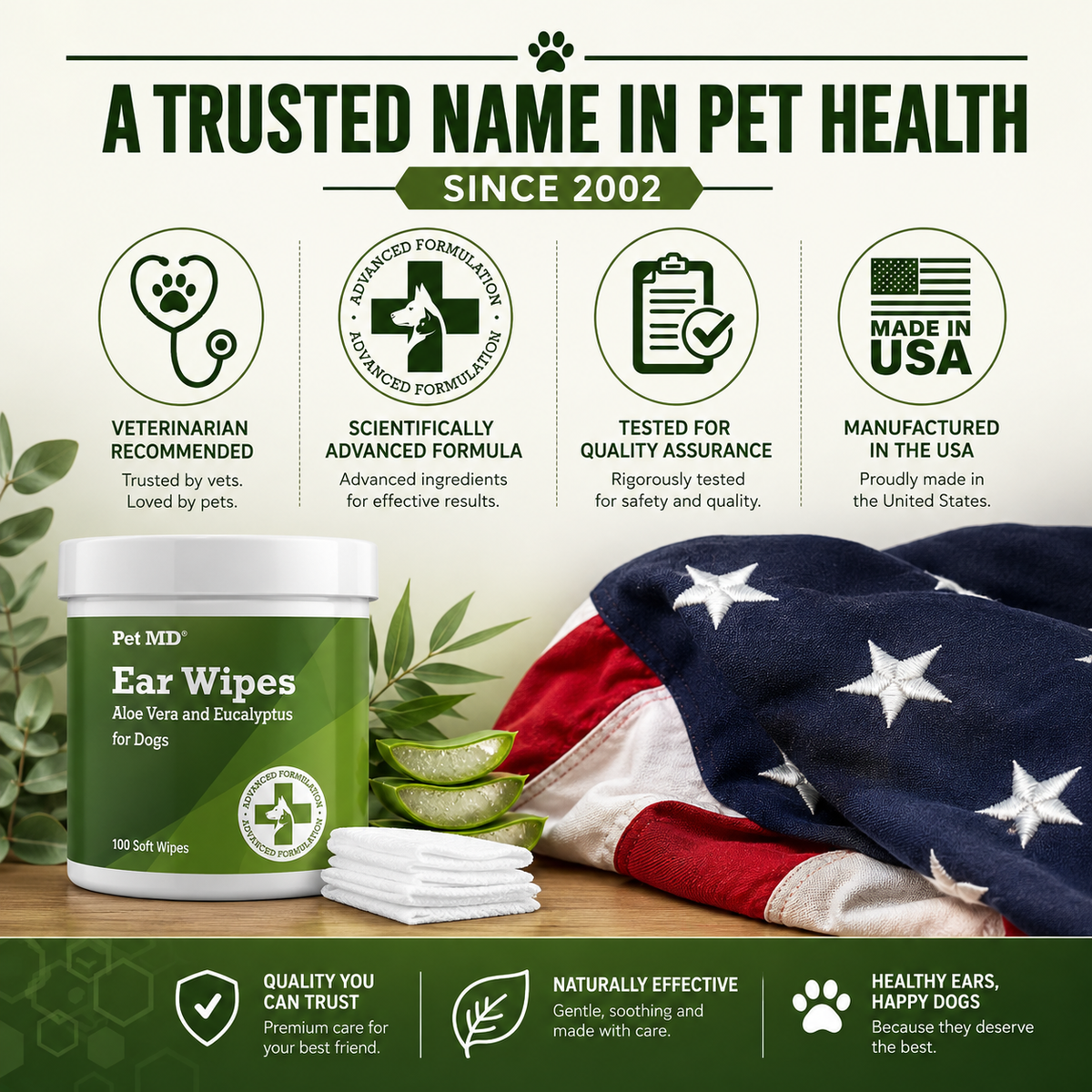 Dog Ear Wipes with Aloe Vera & Eucalyptus – Gentle Ear Cleaning Wipes for Dogs, Removes Wax, Dirt & Odor, 100 Soft Wipes