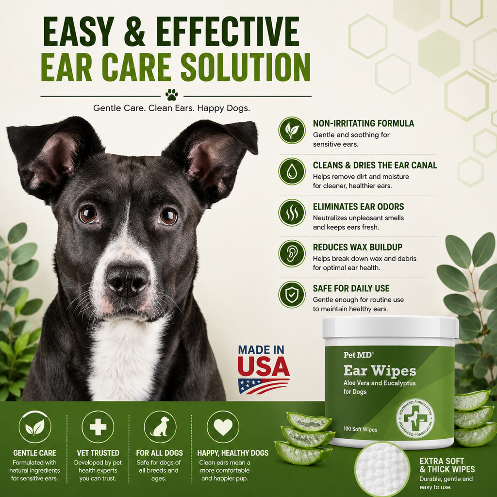 Dog Ear Wipes with Aloe Vera & Eucalyptus – Gentle Ear Cleaning Wipes for Dogs, Removes Wax, Dirt & Odor, 100 Soft Wipes