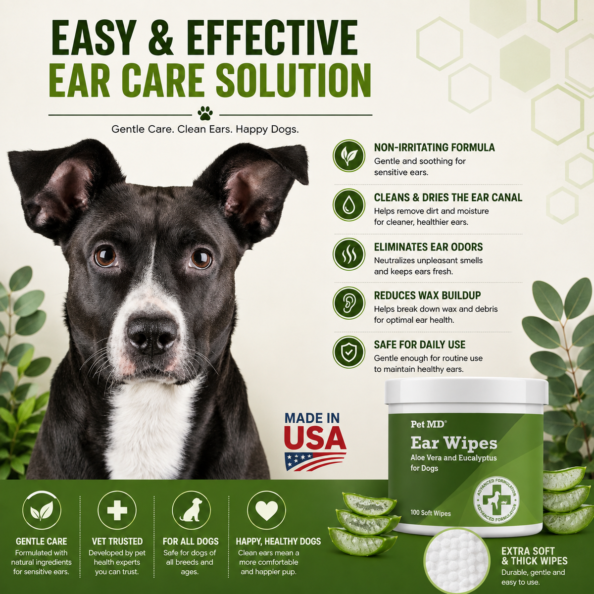 Dog Ear Wipes with Aloe Vera & Eucalyptus – Gentle Ear Cleaning Wipes for Dogs, Removes Wax, Dirt & Odor, 100 Soft Wipes