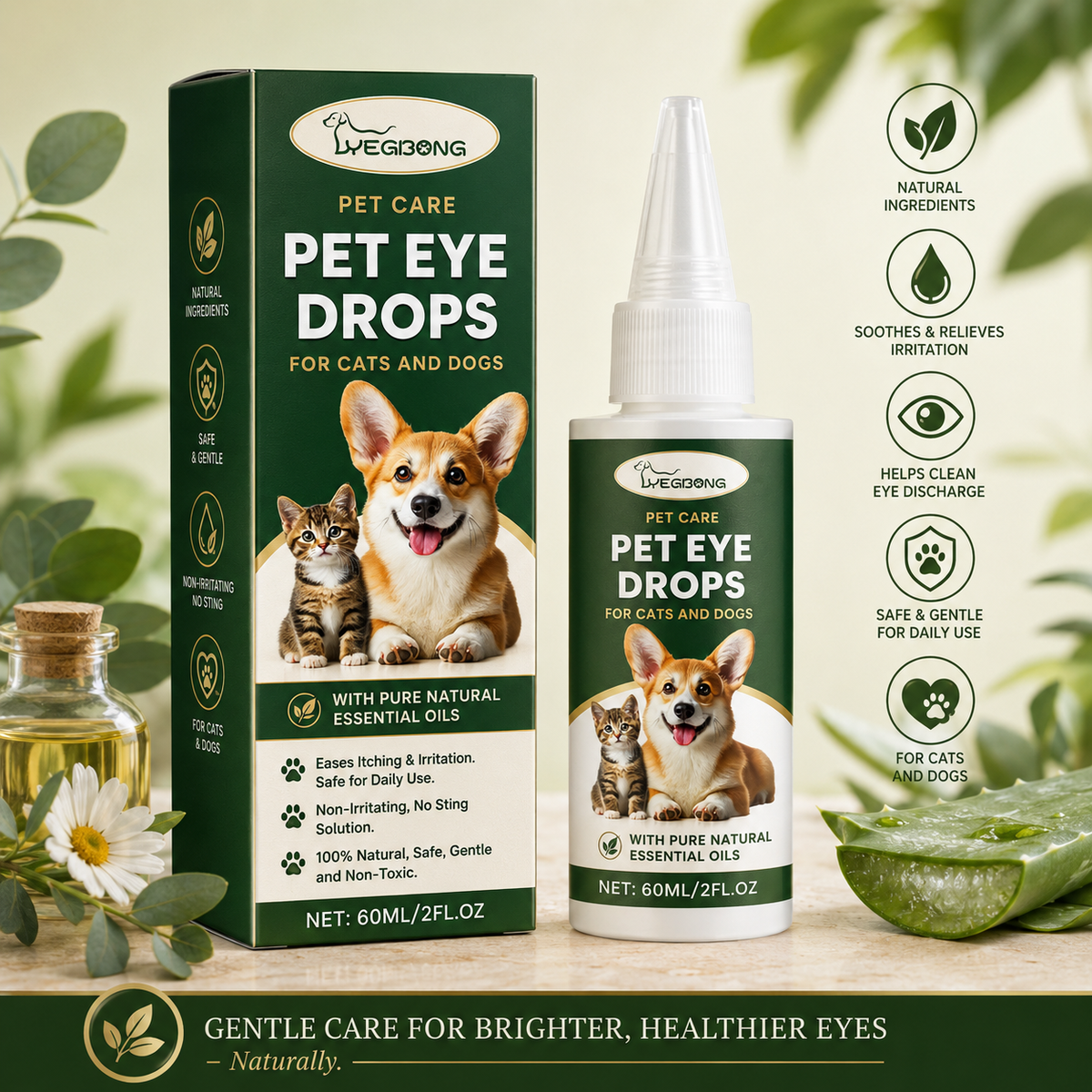 Pet Eye Drops for Dogs & Cats – Gentle Eye Care with Sodium Hyaluronate & Vitamin E, 60ml