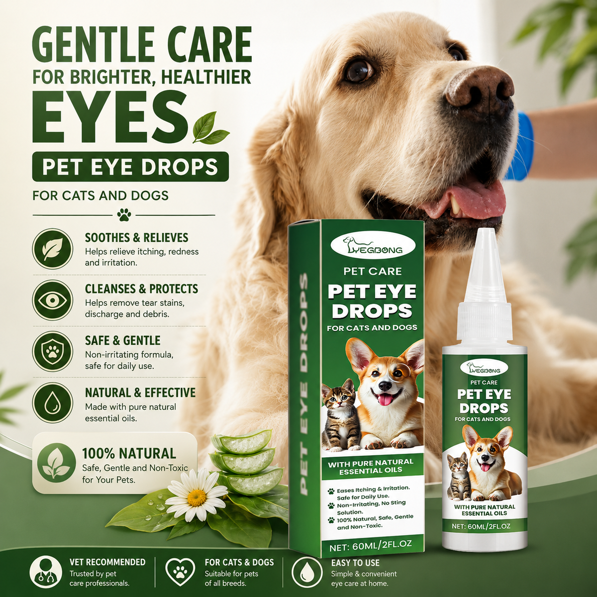 Pet Eye Drops for Dogs & Cats – Gentle Eye Care with Sodium Hyaluronate & Vitamin E, 60ml