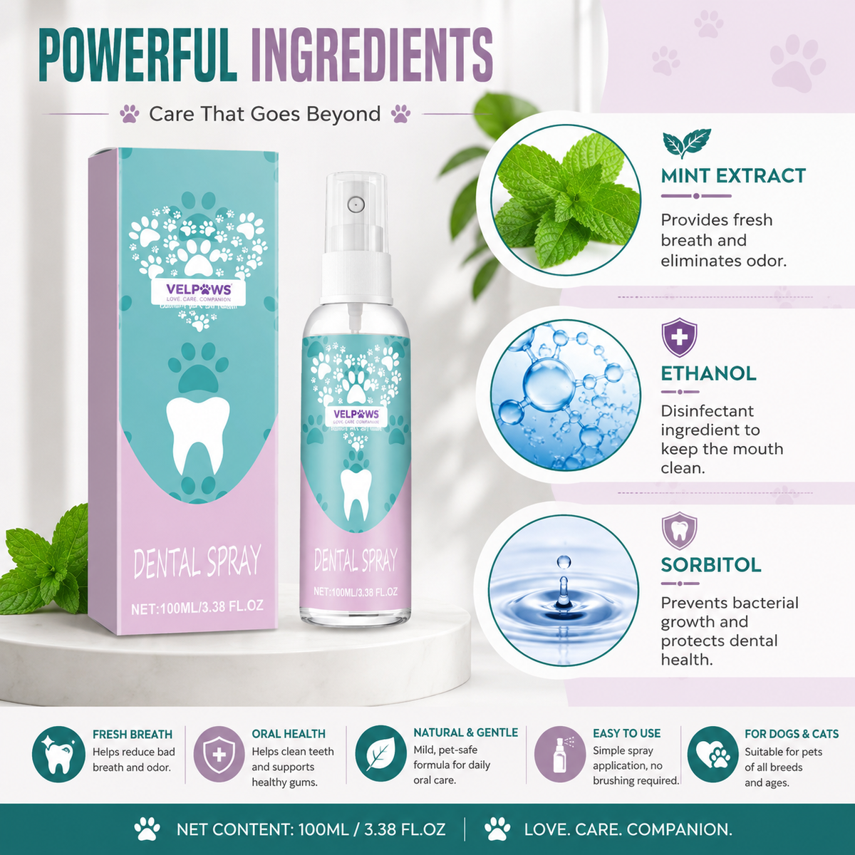 Pet Dental Spray for Dogs & Cats – No Brushing Needed, Fresh Breath & Daily Oral Care, Helps Keep Teeth Clean & White, 100ml