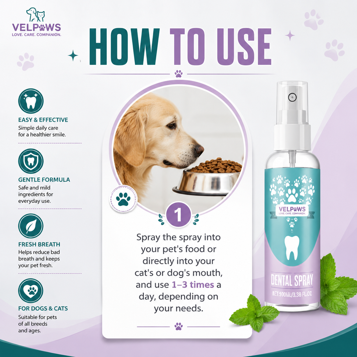 Pet Dental Spray for Dogs & Cats – No Brushing Needed, Fresh Breath & Daily Oral Care, Helps Keep Teeth Clean & White, 100ml