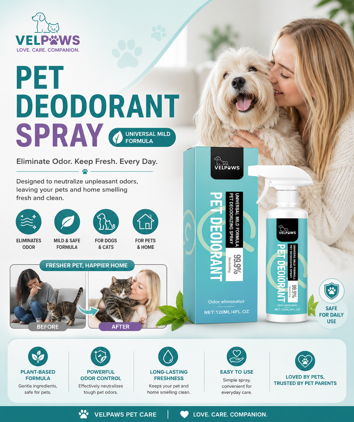 Pet Deodorizing Spray for Dogs & Cats – Odor Eliminator for Pets, Bedding, Carpets & Home, 120ml