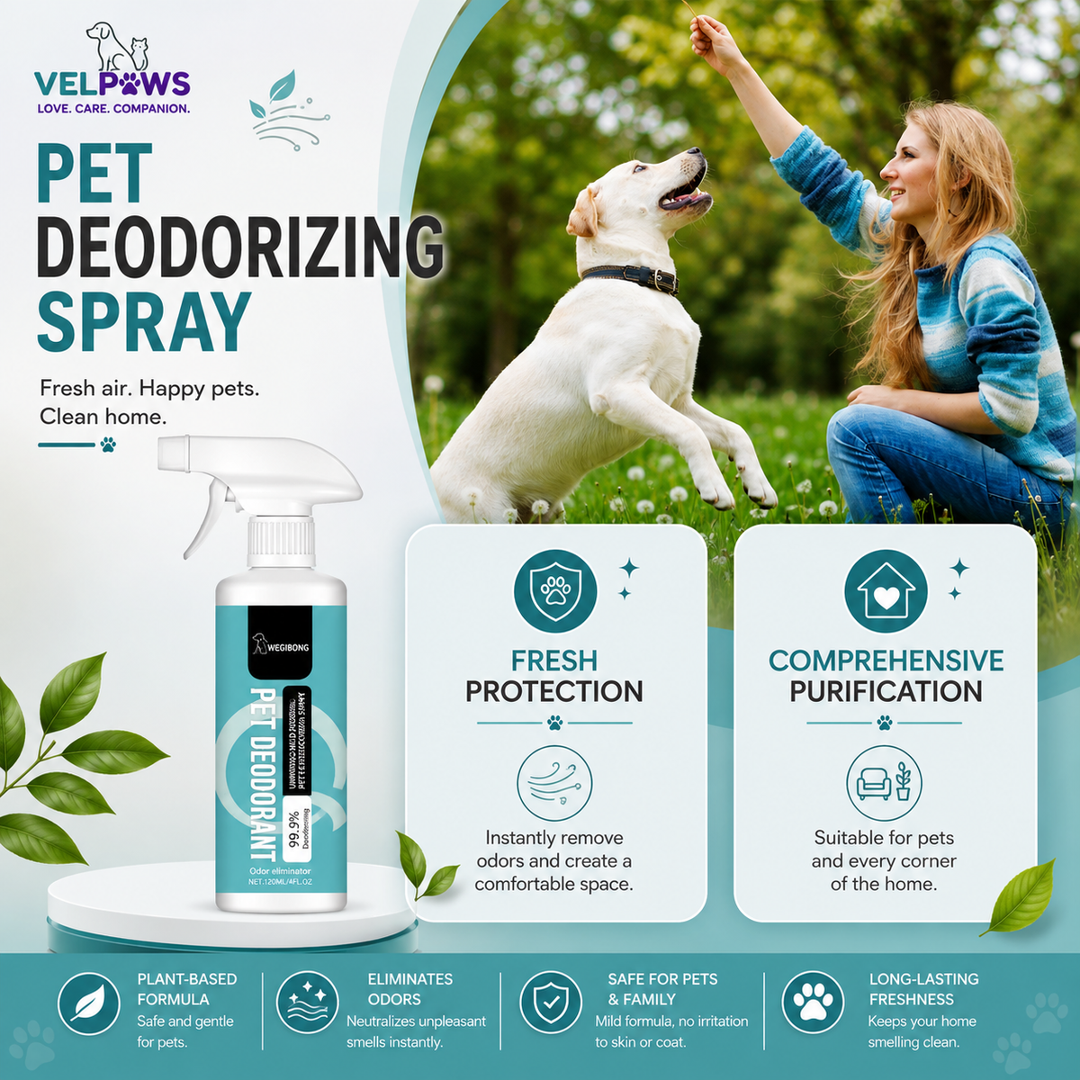 Pet Deodorizing Spray for Dogs & Cats – Odor Eliminator for Pets, Bedding, Carpets & Home, 120ml