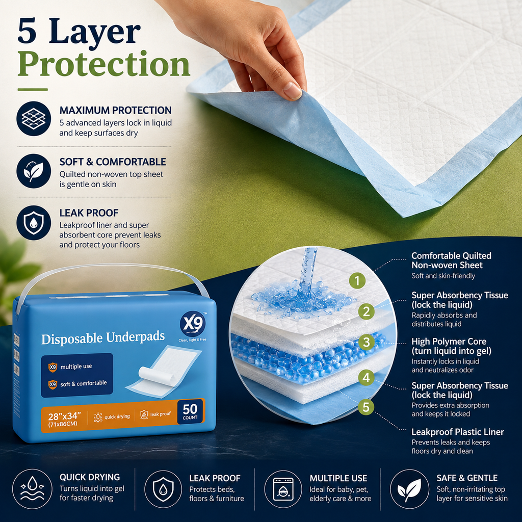 Premium Disposable Underpads – 50 Count | Super Absorbent, Leak-Proof & Quick-Drying