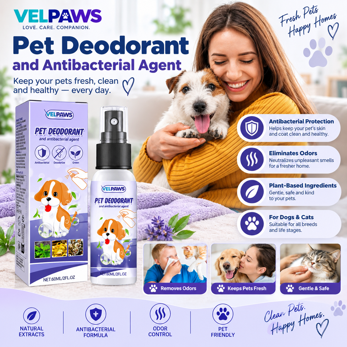 Natural Pet Deodorant Spray with Portulaca & Aloe Extract – Gentle Odor Eliminator for Dogs, 60ml