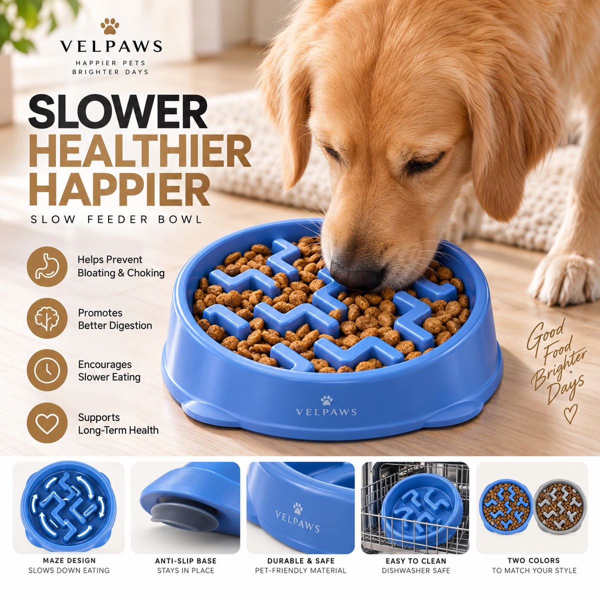 Slow Feeder Dog Bowl – 2 Cup Capacity, Non-Slip Puzzle Bowl for Small & Medium Dogs, Blue
