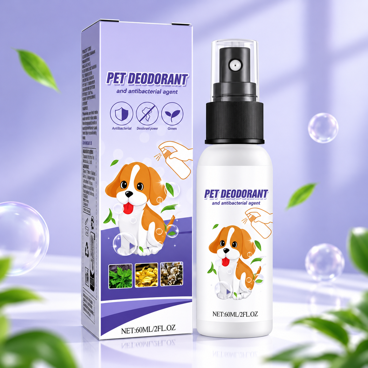 Natural Pet Deodorant Spray with Portulaca & Aloe Extract – Gentle Odor Eliminator for Dogs, 60ml