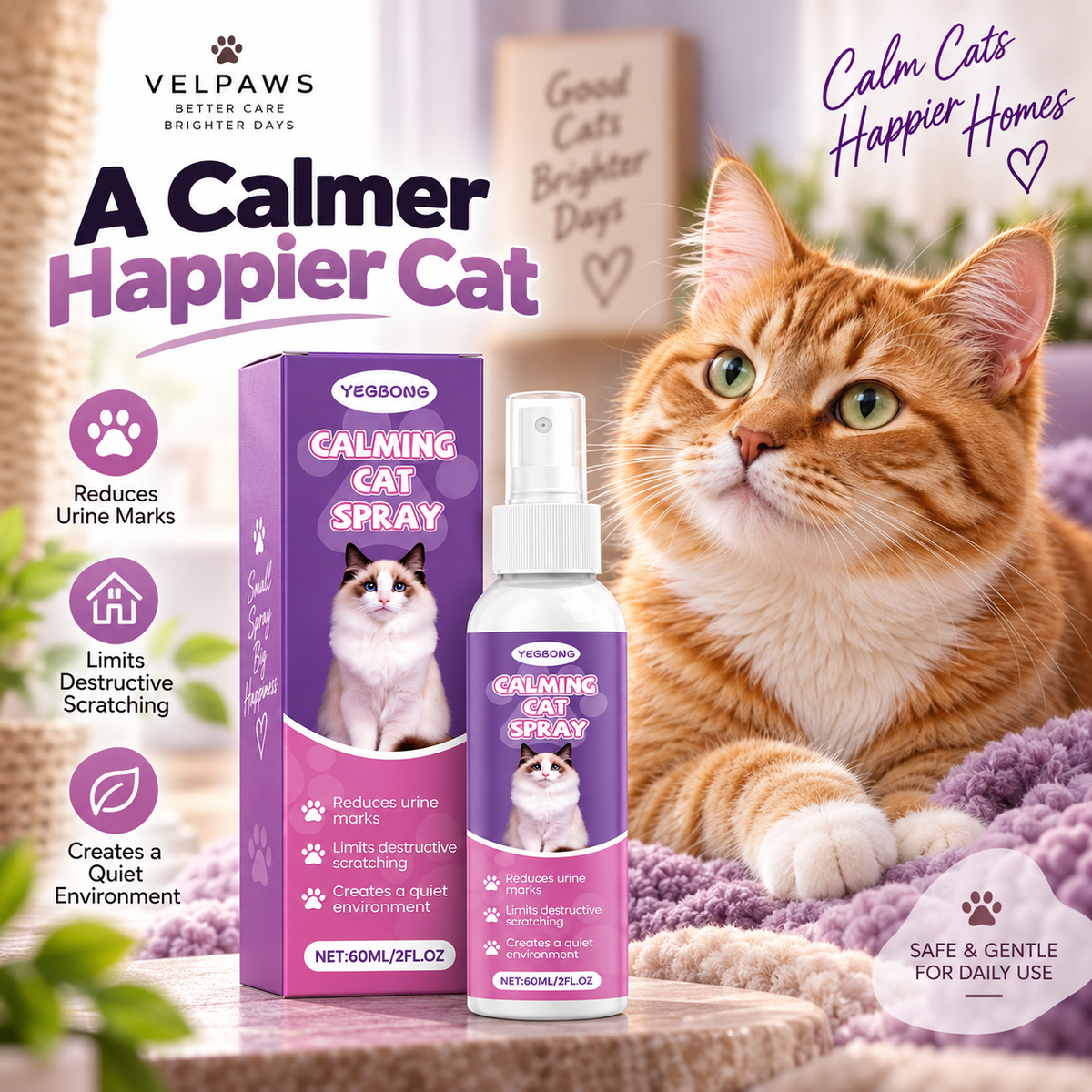 Calming Cat Spray – 60ML Natural Stress & Anxiety Relief Spray for Cats